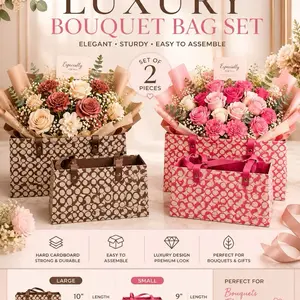 2Pc Luxury Floral Gift Bag Set with Handles | Hard Cardboard Bouquet Boxes | Easy Assembly Gift Bag Set