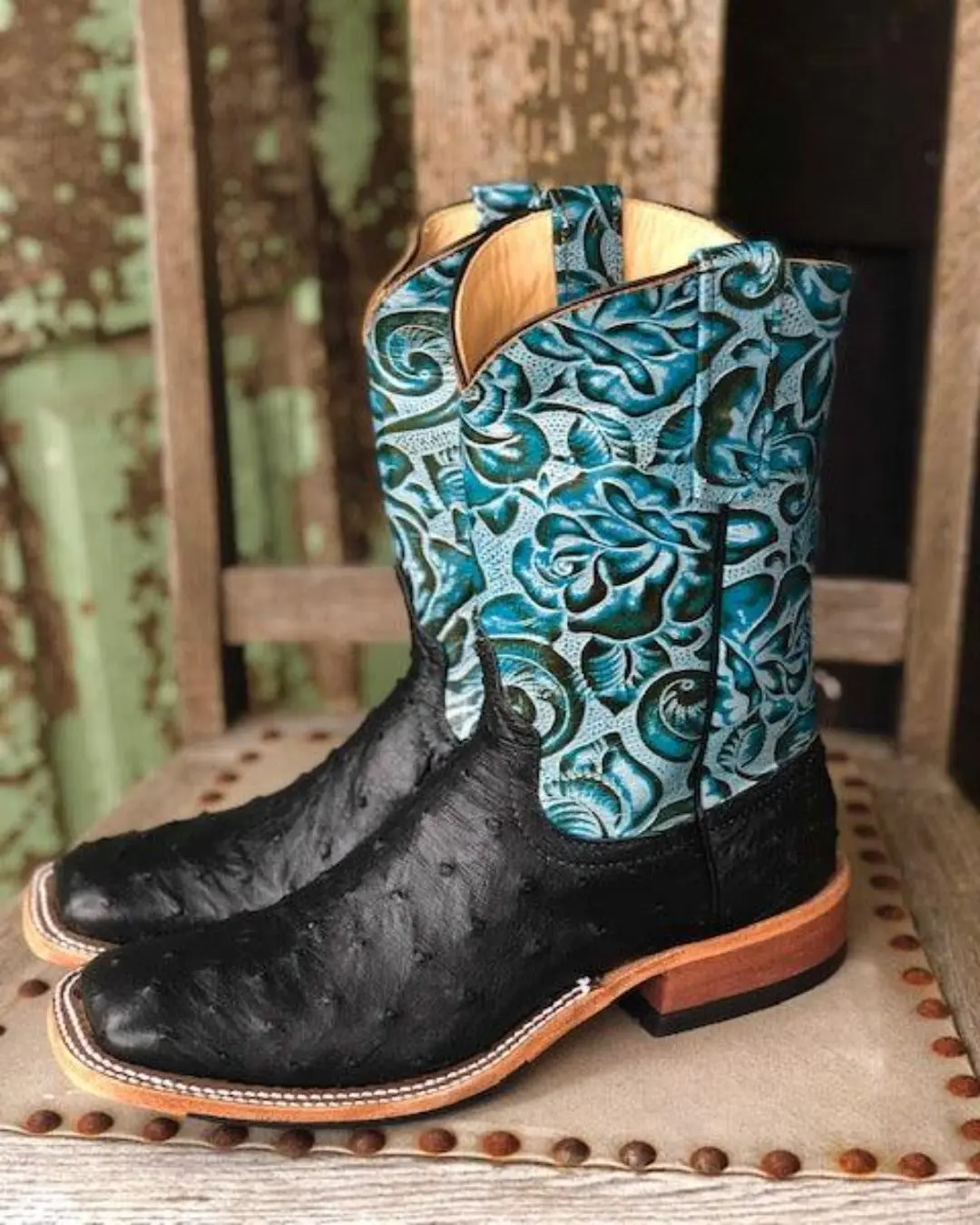 Anderson Bean Women's Black Full Quill Ostrich & 10” Teal Floral Tooled Leather Top Square Toe Cowgirl Boots 321803