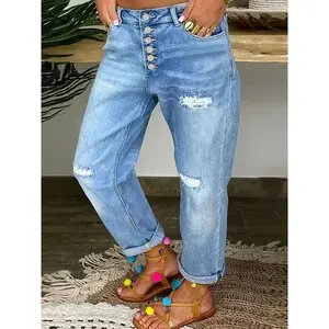 Women's Stretchy Comfort Fit Ripped Jeans - Distressed Washed Blue, Straight-Leg Denim Pants for All Seasons