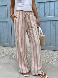 Women's Striped Wide Leg Pants, Boho Casual Comfy Trousers for Daily Holiday Wear, Ladies Bottoms for Summer
