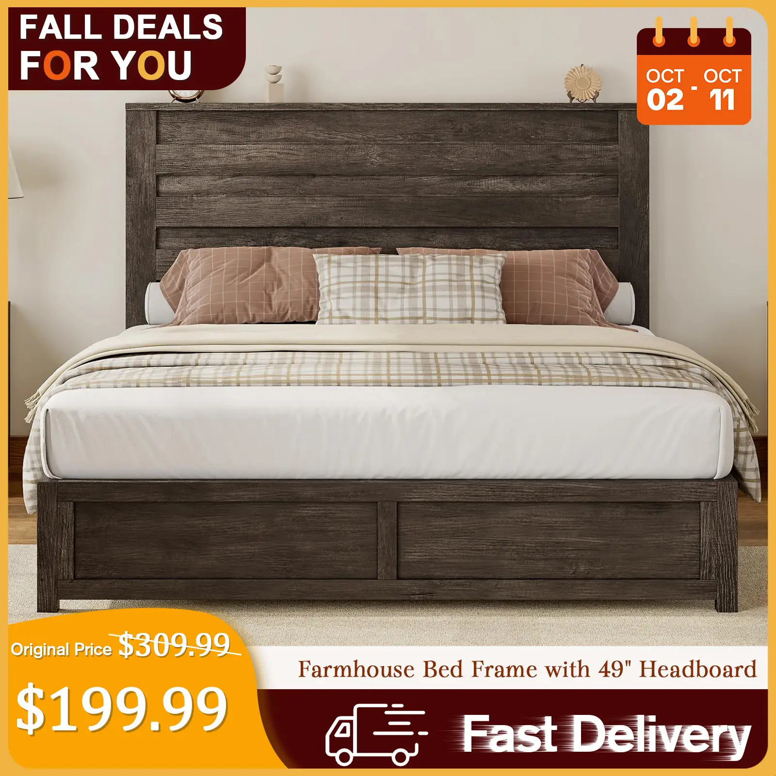 [TikTokShopfalldealsforyou] AMERLIFE Farmhouse Bed Frame with 49" Headboard, Platform Bed Frame with Wood Slats Support/Stable & Durable/No Box Spring
