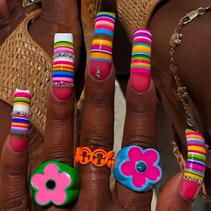 20pcs Curved Nails, Glossy Base with Rainbow Stripes & Silver Color Rhinestones, Reusable Festival Nails, Beach Party Accessory