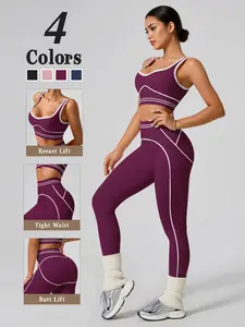 2pcs Women'S Sports Yoga Vest and Pants Set | Seamless Design, Medium Stretch Fabric, Elastic Waist, Long Length, Solid Color, Suitable for Outdoor Exercise, Running, Yoga, for all Seasons