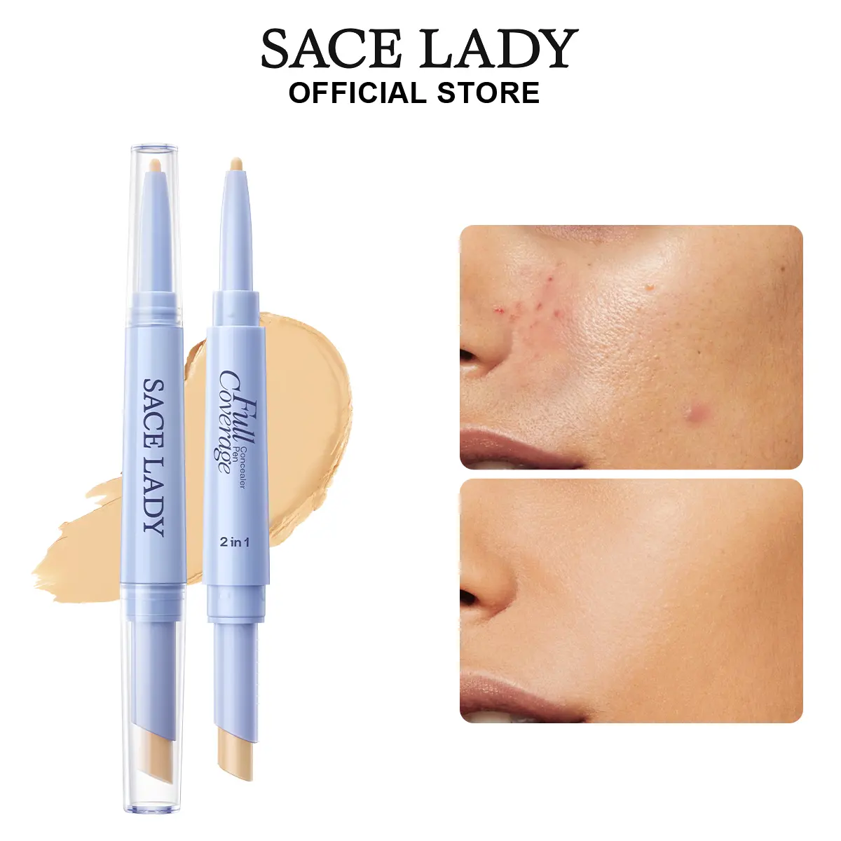 SACE LADY 2 in 1 Concealer Stick, Full Coverage Waterproof Concealer for Dark Circles, Acne Spots & Blemishes, Long Lasting Dual-Ended Concealer Pen