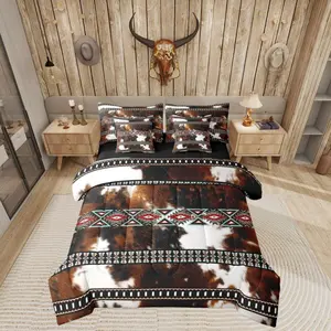 Cowhide Boho Aztec Bedding Set,7 Piece Western Highland Cow Print Bed Bag with Sheets,Exotic Geometric Aztec Cowboys Comforter Bed Set,Kids Bed Set