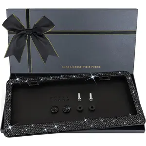 Bling License Plate Frame for Women, 1 count Sparkly License Plate Frames| Over 1200 count 14 Facets Bedazzled Clear Glass  Rhinestone  w/Free Glitter  Box (Black)