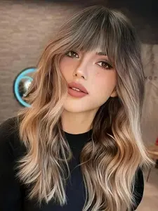 18 Inch Long Ombre Blonde Layered Curly Wigs for Women, Gorgeous Fluffy Wigs with Blunt Bangs, Synthetic Full Machine Wigs for Party, Daily Use