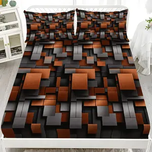 Bed sheet set - 3-piece set with 2D flat printing, three-dimensional square pattern mattress protector in ten sizes (1*fitted sheet + 2*pillowcases, without inserts). Stylish, soft, and comfortable bedding set, suitable for home bedrooms and guest rooms.