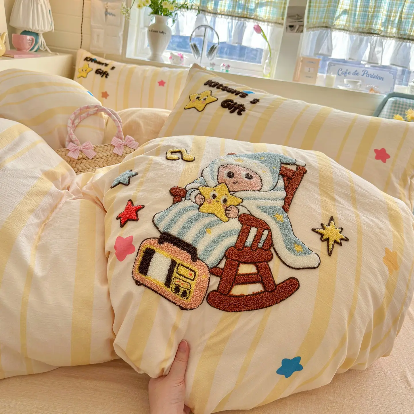 Cute Cartoon Towel Embroidered Bedding Set, Comfy Bedding Sets, Soft Cotton Sateen Duvet Cover and Sheet, Breathable and Skin-Friendly, All-Season Use