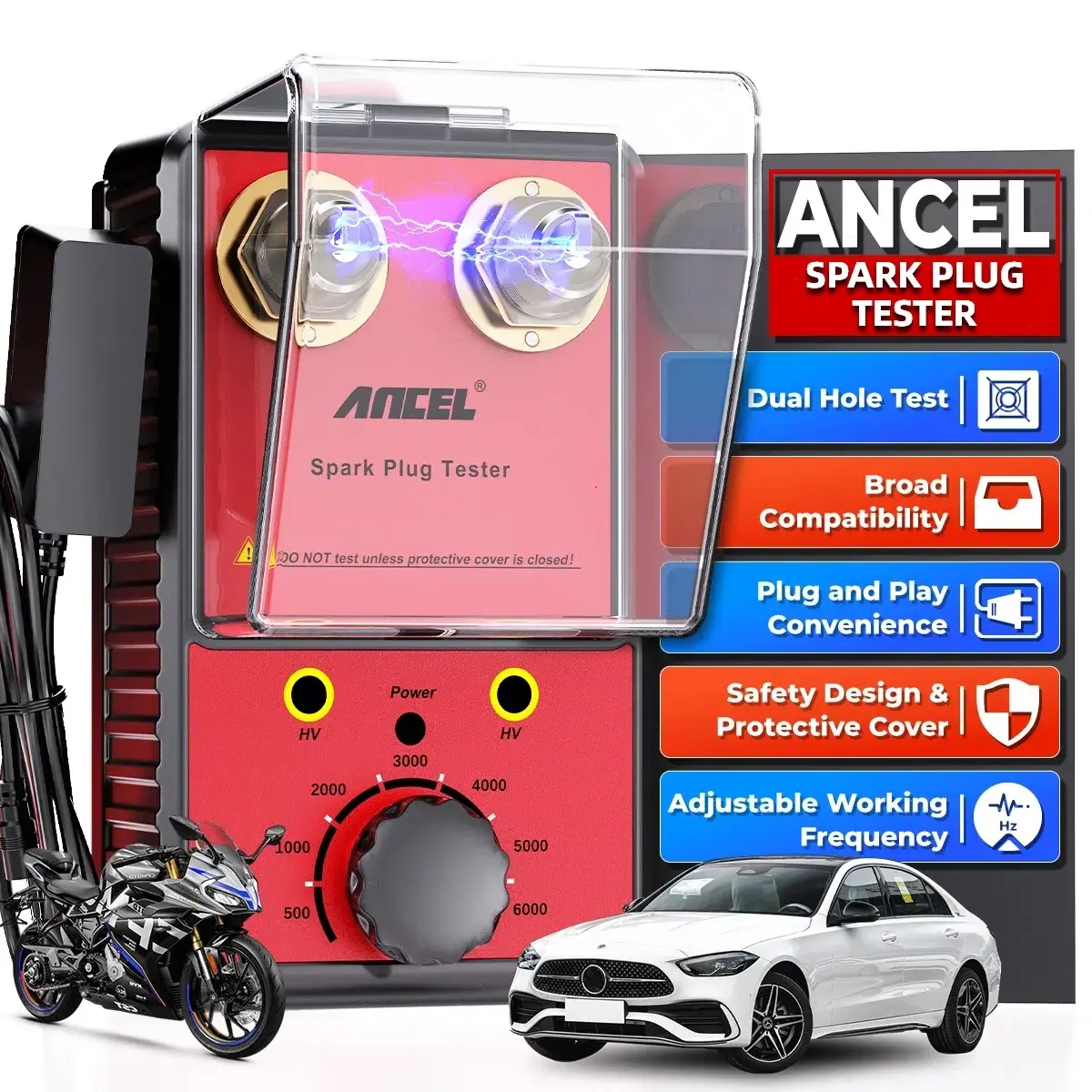 ANCEL SP02 Spark Plug Tester, 12V Vehicle Ignition Analyzer with Double Hole Testing, Protective Cover, 0-6000 RPM Adjustable Working Frequency, Automotive Diagnostic Tool