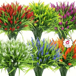 6pcs Autumn Artificial Flower Bundle, Artificial Flowers For Outside, with Waterweed and Lavender - UV Protective, Available in Vibrant Red, Yellow, Purple - Perfect for Halloween, Valentine's Day, Mother's Day - Indoor/Outdoor Home Garden Decoration