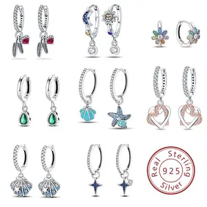 925 silver, sun and moon combination earrings, green zircon earrings, Star earrings, cute flower earrings, rainbow earrings, inlaid with multicolored zircon, Christmas gifts, suitable for all occasions Fashionable Simple Hoop Earrings