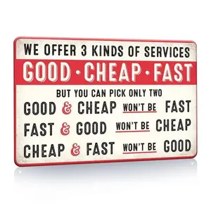 1pc Humorous Retro Metal Tin Sign Wall Art - "Good Cheap Fast" Service Quote Vintage Decor for Garage, for Man Cave, Office & Shop - 8x12 Inch Durable Metal Signage, No Electricity Needed, Garage Decoration