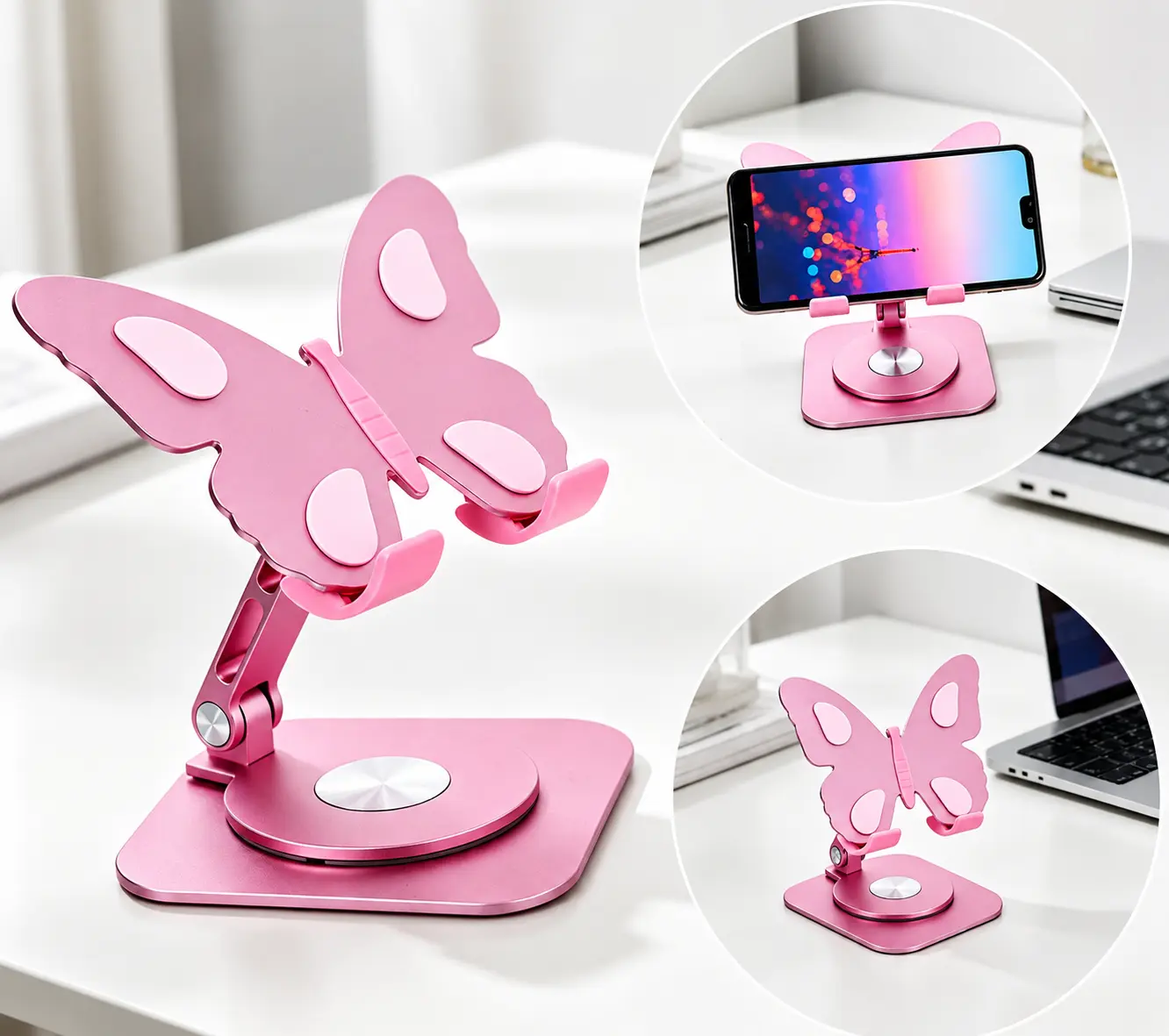 Aluminium Alloy Butterfly Smartphone Holder, Compact Folding Lightweight Mobile Accessory, 360° Rotatable, Height-Angle Adjustable, Anti-Slip Surface for Home & Office Use, Accessories