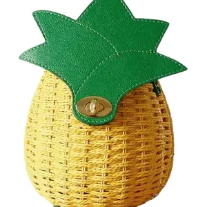Fruit Crossbody Bag Piña Shape Summer - Yellow Woven Design with Green Leaf Top and Gold Accent