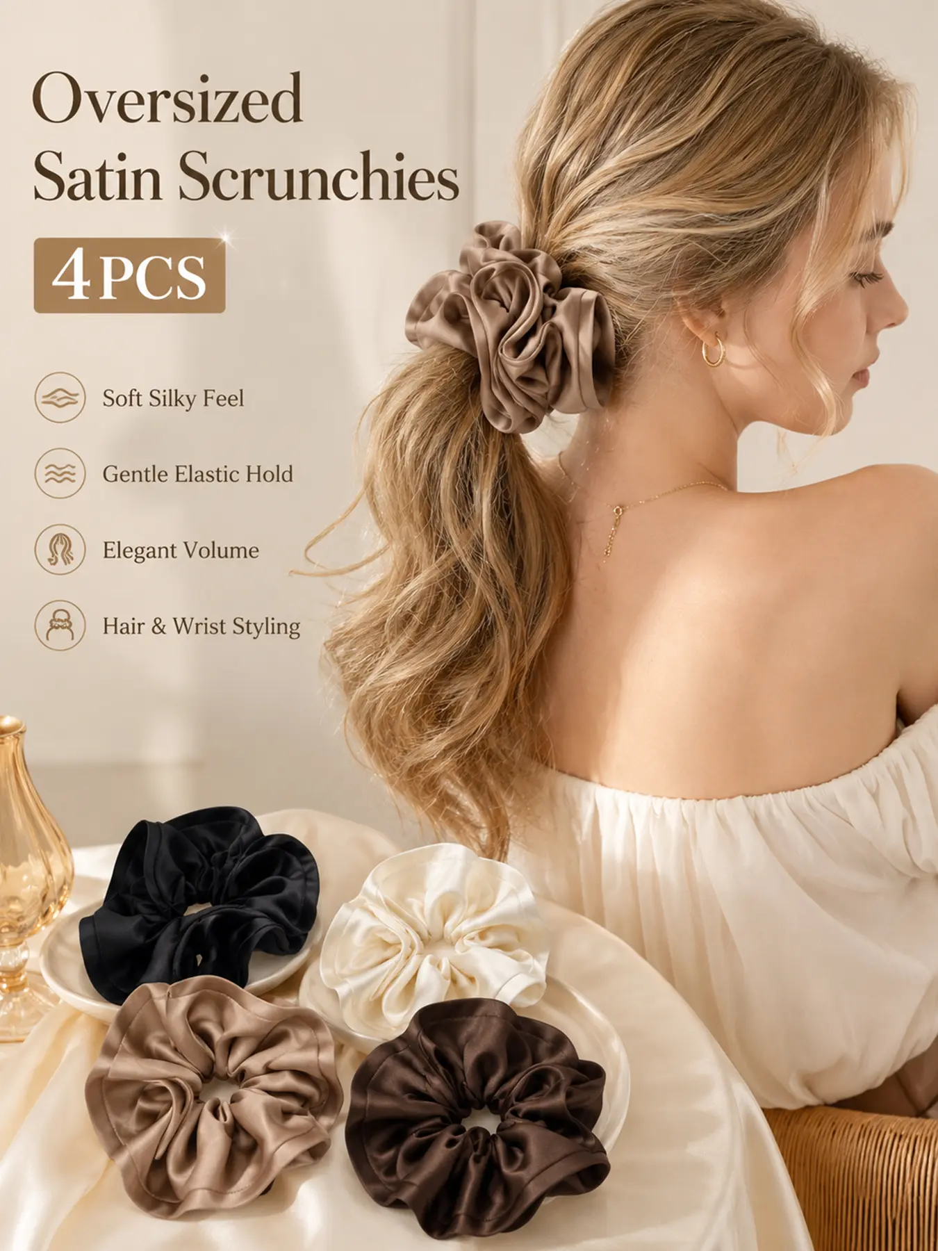 4PCS Oversized Satin Scrunchies, Elastic Band Scrunchie for Women Vintage French Style, Silky Falbala Ruffle Hair Ties with Elastic Hold, Large Ponytail Holders for Thick Long Curly Hair, Ladies Daily Wear, Wedding, Party Hair Accessories