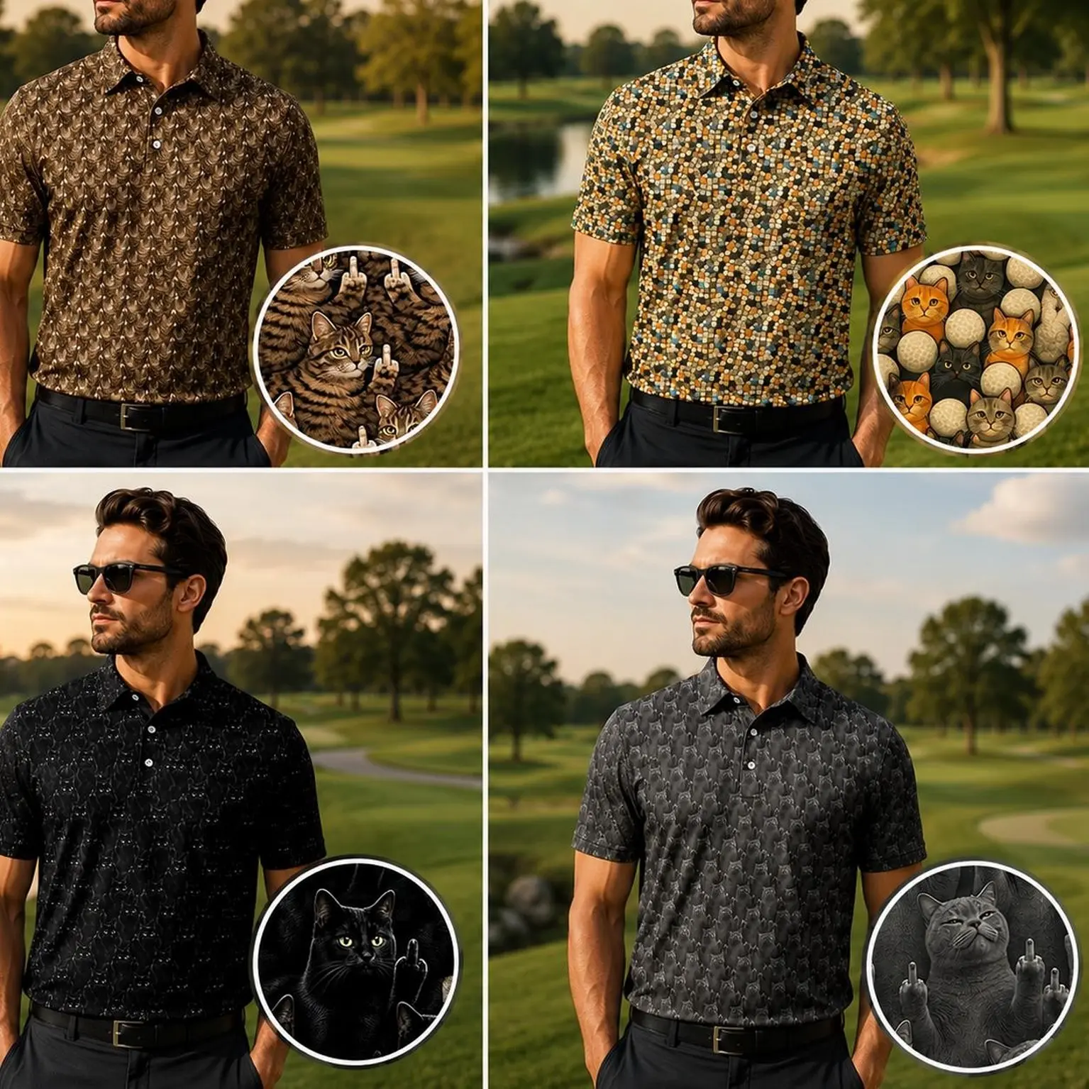 Funny Cat Middle Finger Golf Polo Shirt for Men, All Over Print Short Sleeve Performance Polo, Novelty Animal Graphic Sportswear Top, Casual Outdoor Golf Outfit, Humorous Gift for Dad Husband Boyfriend Cat Lovers