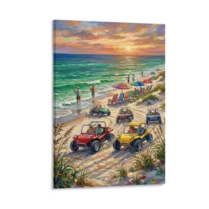 1pc Frameless Canvas Art, Vibrant Oil - Style Beach Scene with Dune Buggies & Fishing, Colorful Printed Wall Decor, Coastal Summer Design, for Home, Living Room, Bedroom Wall Art