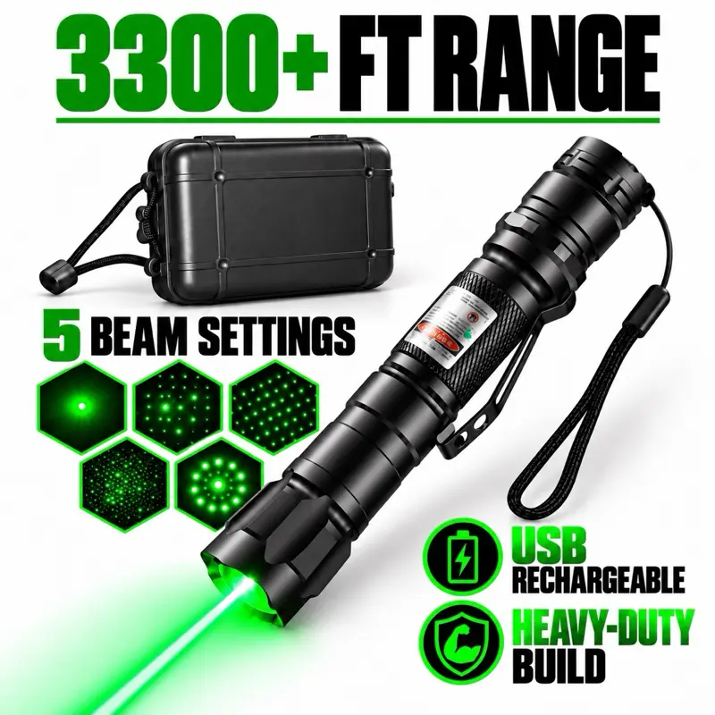 Green Laser 3300+ FT Range with 5 Beam Settings USB Rechargeable Long-Range Visibility Rugged Build Water Resistant Protective Case Included