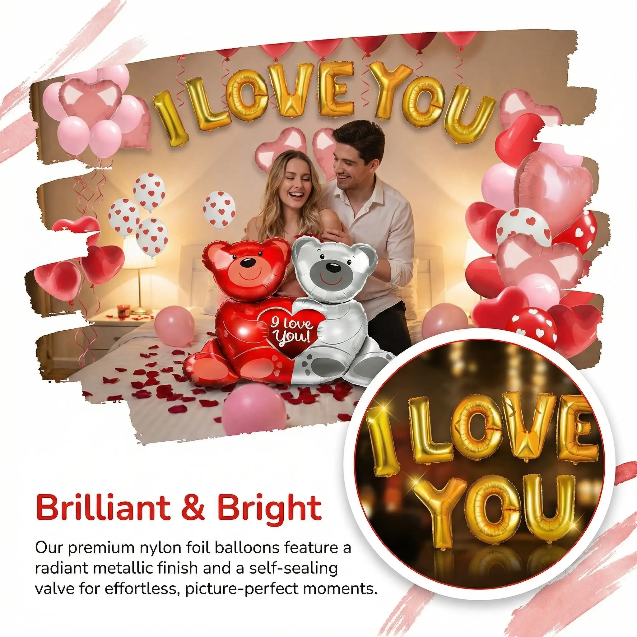 54PCS Valentine's Day Heart Balloons Setwith "I Love You" Foil Balloons, 1000 SilkRose Petals & Hanging Decor for Wedding,Anniversary & Romantic Night Decorations