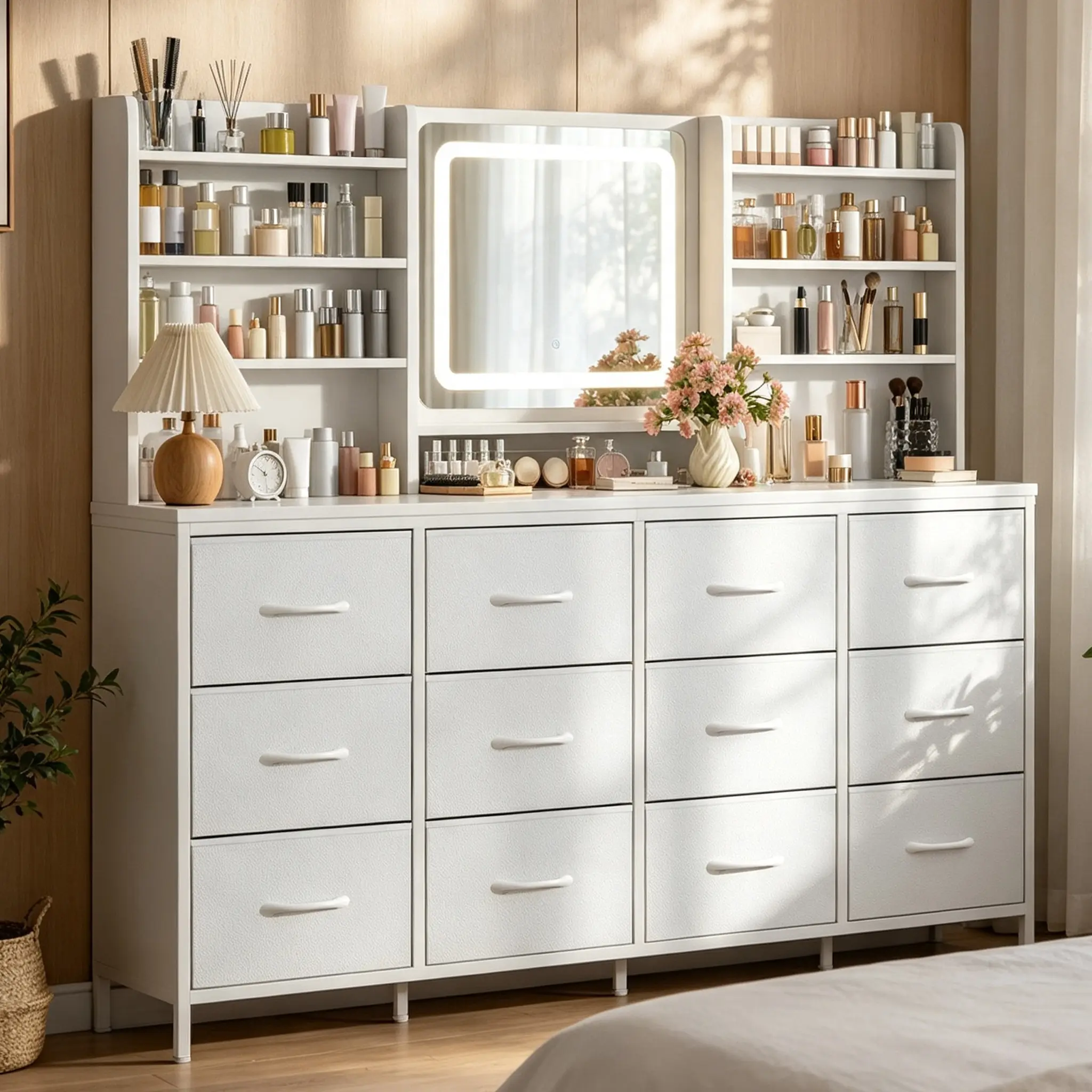12 Drawers Dresser with LED Lighted Mirror, 63" Wide Modern Makeup Vanity Desk, Large Chest of Drawers with Large Fabric Drawers, 4 Lighting Modes & 6 Open Storage Shelves for Bedroom