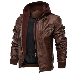 Men’s brown leather motorcycle jacket with detachable hood hoodie for casual wear GARMENTARY