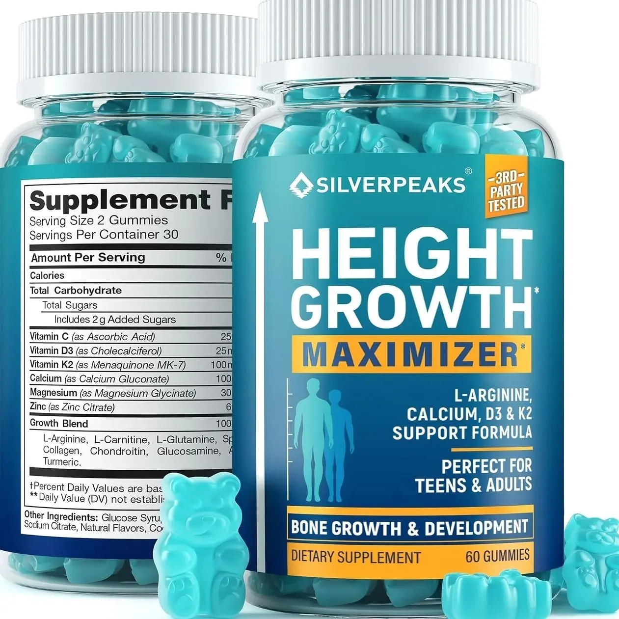 SILVERPEAKS Height Growth Gummies for Kids, Teens & Adults - Height Growth Maximizer Supplement with Calcium, Vitamins D3 & K2, Magnesium, Zinc for Bone Strength & Height Increase - 60 Gummy Chews