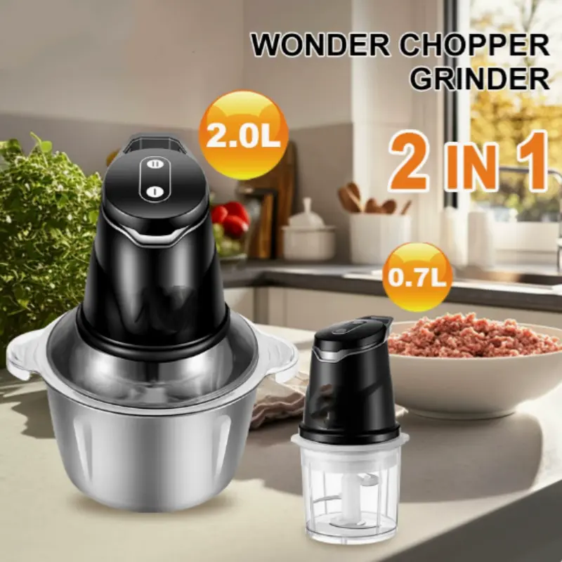 2-in-1 2.0L High-Capacity Electric Food Processor - Chop Grind Slice Appliance, 400W Heavy-Duty Stainless Steel Meat Grinder Chopper, 2 Speed+Pulse Settings, Dual-Layer Blades, Kitchen Tool (Vegetables, Meat Use)