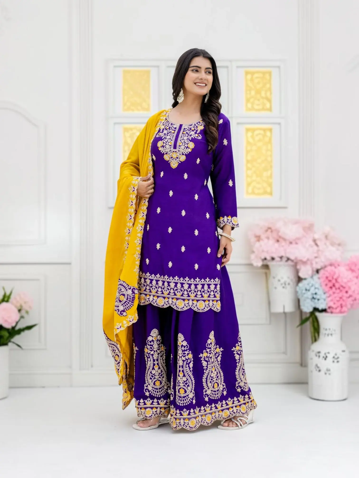 Designer Chinnon Embroidery Palazzo Suit Set, Cultural Wear for Women