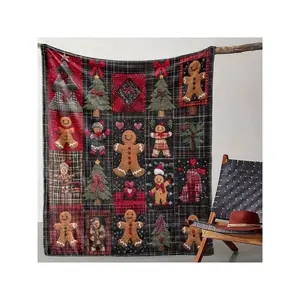 1pc Vintage Gingerbread Man & Cedar Tree Plaid Throw Blanket - Soft Knitted, Red/Green Tartan With Gingerbread, Holly & Snowflakes - All-Season Lightweight Bedspread Couch, Bed, Travel - Holiday, Birthday Mother's Day Size 70x140cm/27. 56x55. 12 In