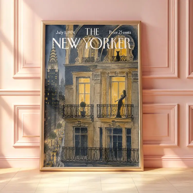 Vintage New Yorker Night Poster, Chrysler Building View, Elegant Balcony Wall Art, Romantic Manhattan Print, Magazine Cover