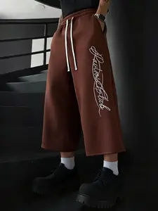 Men's Coffee Wide Leg Seven-Quarter Pants, Drawstring Casual Loose Elastic Waist Knit Capris, Handwritten Print, Streetwear for Daily Wear