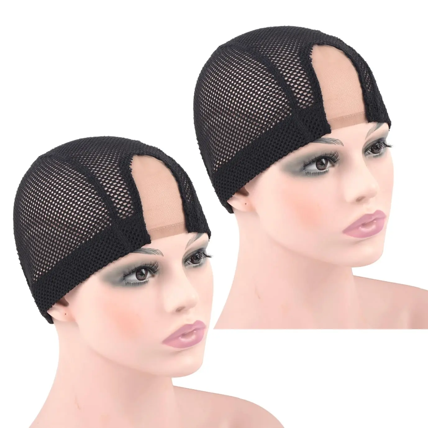 2 count 1.4X3 Inch U Part Wig Cap for Making Wig Lace Wig Cap Dome Mesh Stretch Weaving Wig Caps (Medium Black)