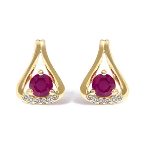 14K Yellow Gold Red Ruby and Diamond Accent Teardrop Stud Earrings