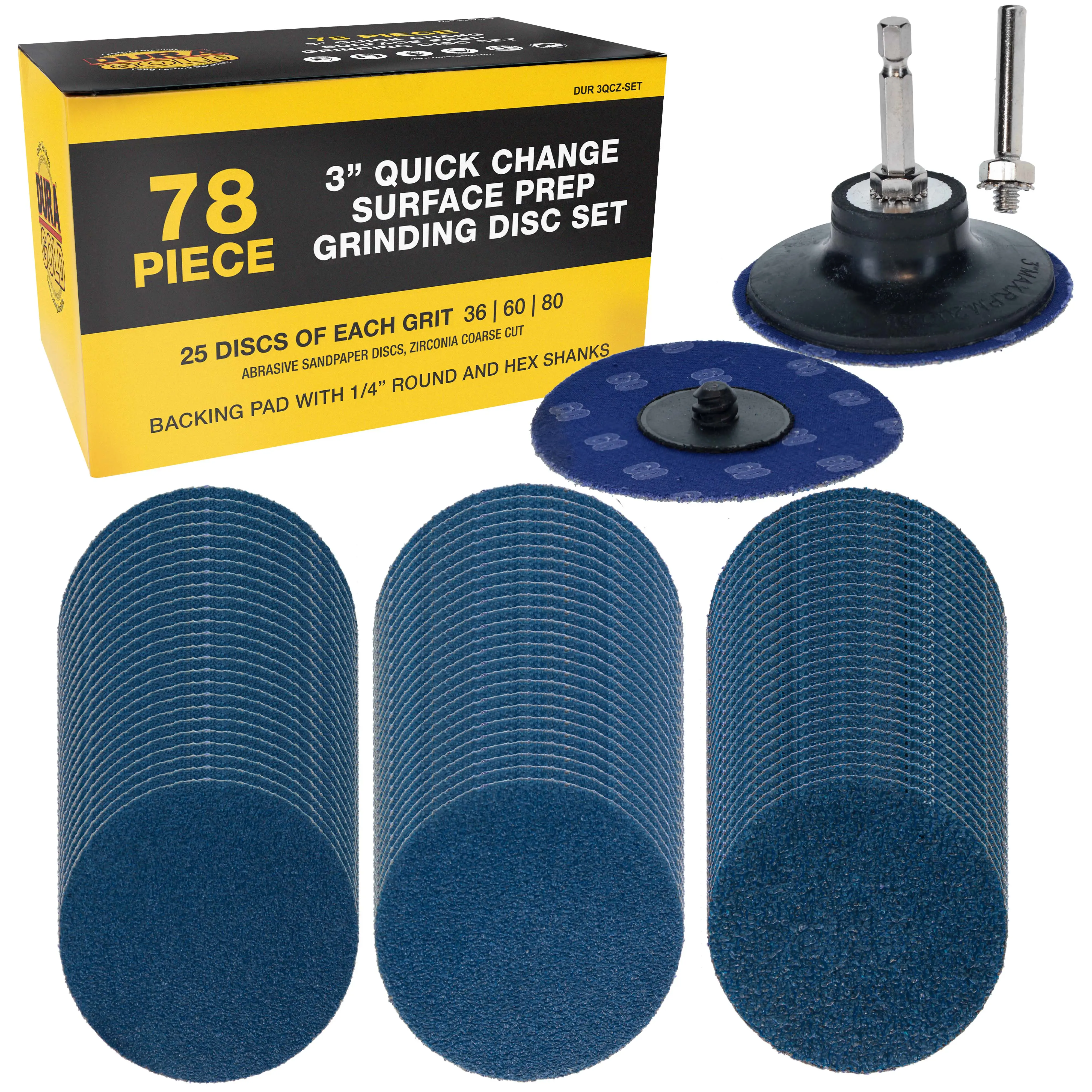 3 Inch Grinding Discs, 36, 60 & 80 Grit (25 Disc Each), R-Type Adapter & Backing Pad - Quick Change Zirconia Coarse Cut Sanding Discs for Auto, Wood, Metal, Rust, Oxidation, Welds