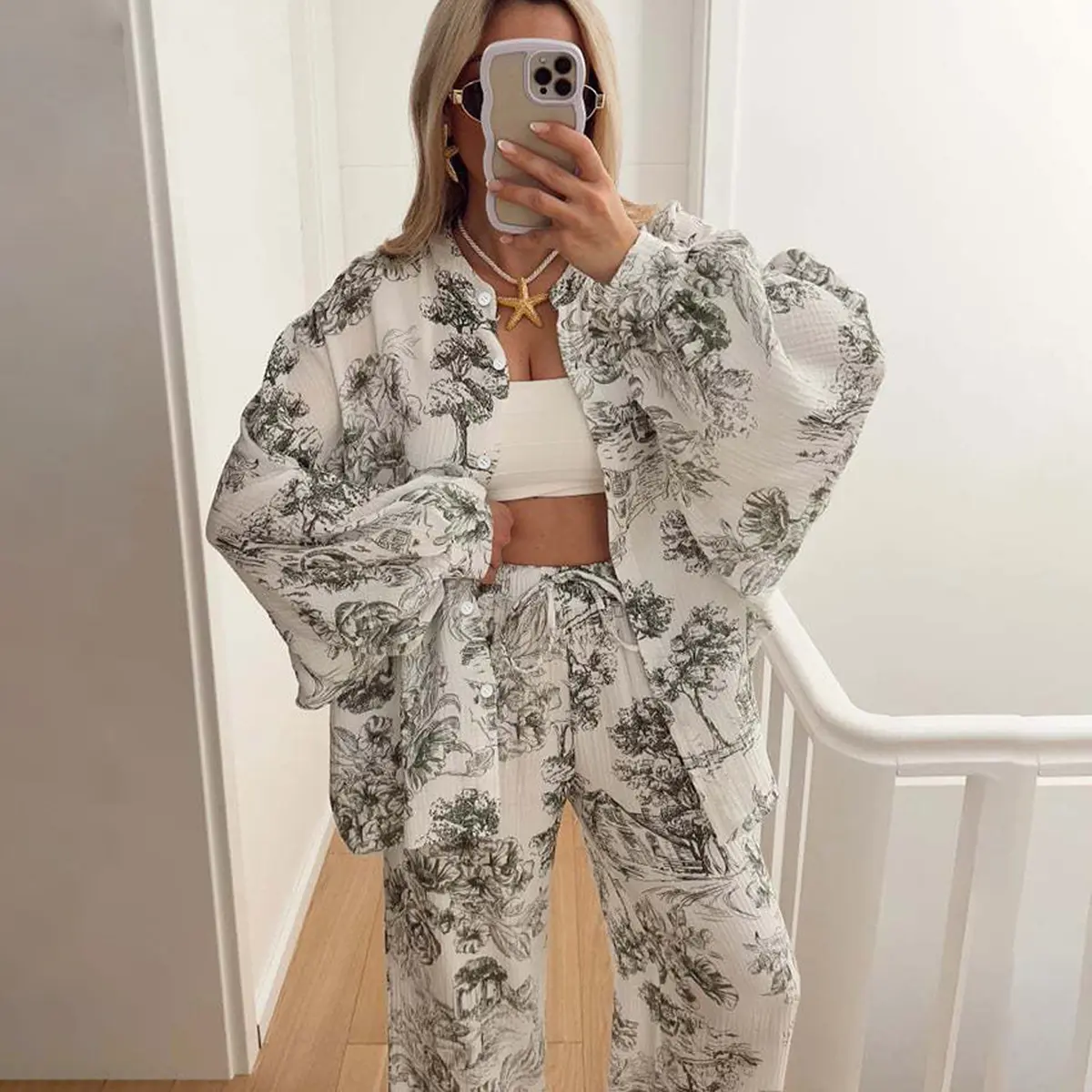 Women's 100% Cotton Floral Pajama Set, Round-Neck Button-Front Long-Sleeve Top and Elastic-Waist Full-Length Pants for Sleep and Home Lounging, Fall