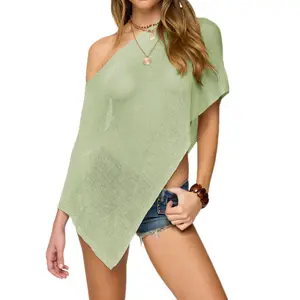 Aesthetic Vintage Smocked Knitted Shrug for Women Boho Solid Off Shoulder Asymmetric Beach Vacation Cover-Ups Pullovers Tops