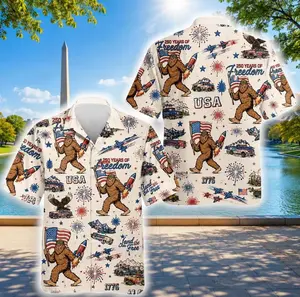 4th Of July Sasquatch Hawaii Shirt, Bigfoot America 250 Tropical Button Hawaii Shirt, Patriotic Bigfoot Aloha Summer Unisex Shirt