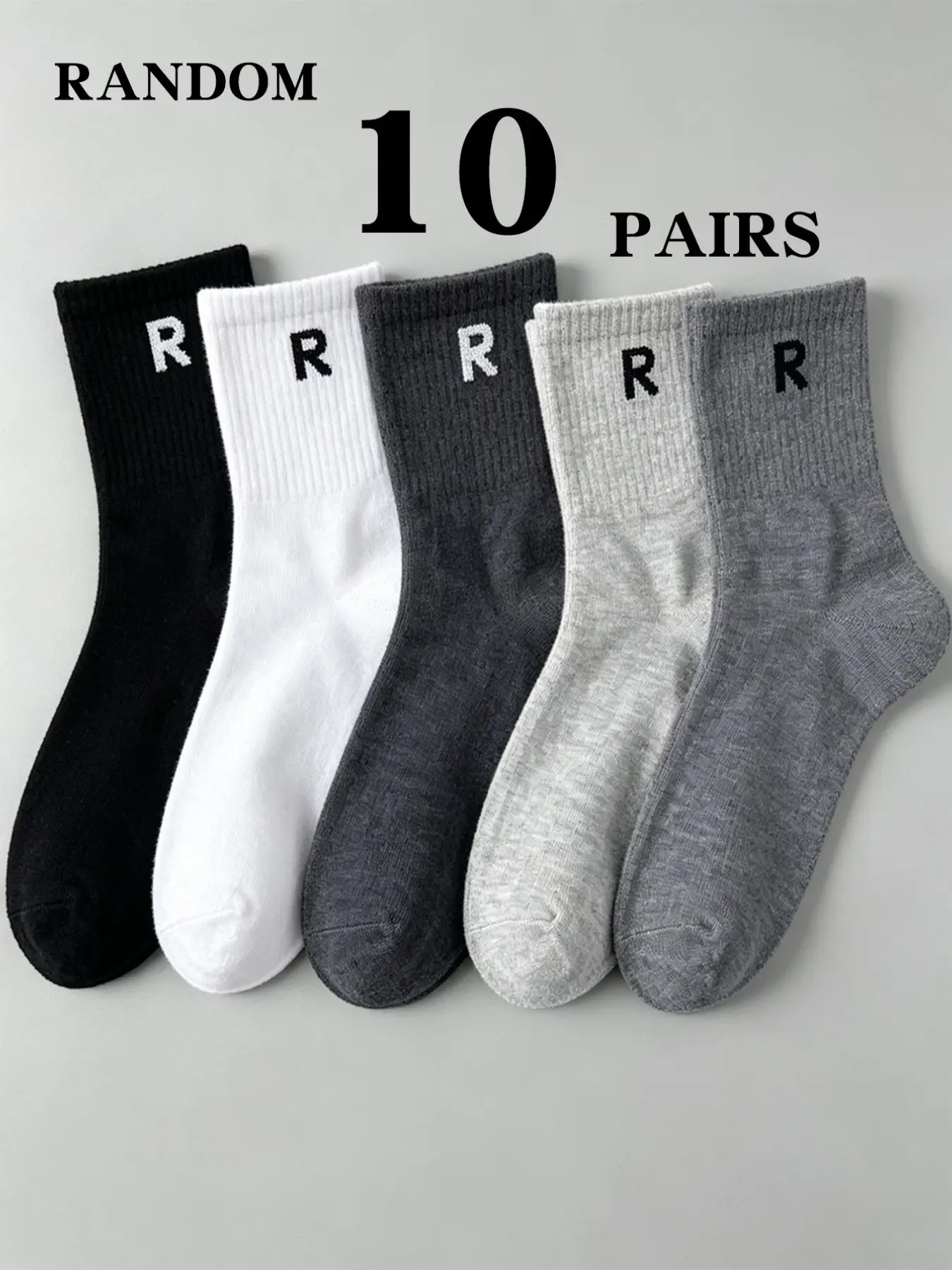 Random 10 Pairs Men's R Logo Embroidered Crew Socks, Comfortable Mid-Calf Socks for Daily Wear, Stylish and Durable Footwear Accessories