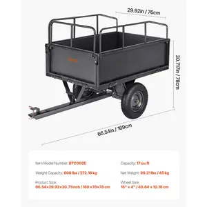 VEVOR Garden Utility Trailer, 17 Cu. Ft 600lbs Capacity, ATV UTV Hauling Trailer, Tow Behind Steel Dump Cart with 16 Tires, Hand Pull or Foot Pedal, Heavy Duty Yard Trailers for Lawn Mower Tractor