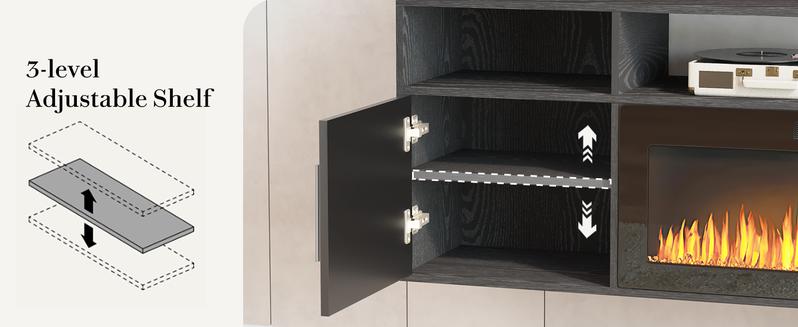 【2 Packages Shipping】PUKAMI Floating Fireplace TV Stand 70'' Wall Mounted Shelf, LED Light Entertainment Center and Storage, Modern Wood Media TV Console with Highlight Cabinet for Living Room