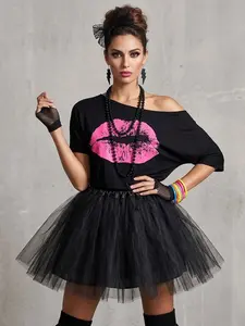 Retro 1980s Party Costume Drop Shoulder T-Shirt Tutu Skirt Complete Jewellery Accessories