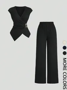 2 Piece Black Textured Co-ord Set, Elegant Chic Wrap V-neck Crop Top & Wide Leg Pants, Womenswear