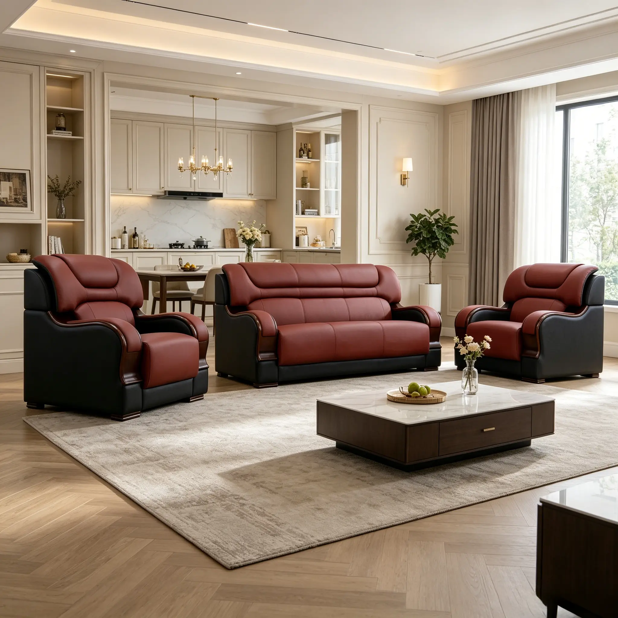 2-Tone Black & Red Genuine Hide Full Cow Leather 3-Piece Sofa Set - Furniture, Cowhide Pattern Living Room Furniture, Couch, Natural Grain Texture, Retro Clean Design, Long-Lasting, High-End Look, Ideal for Modern & Light Luxury Spaces, Assembly Required
