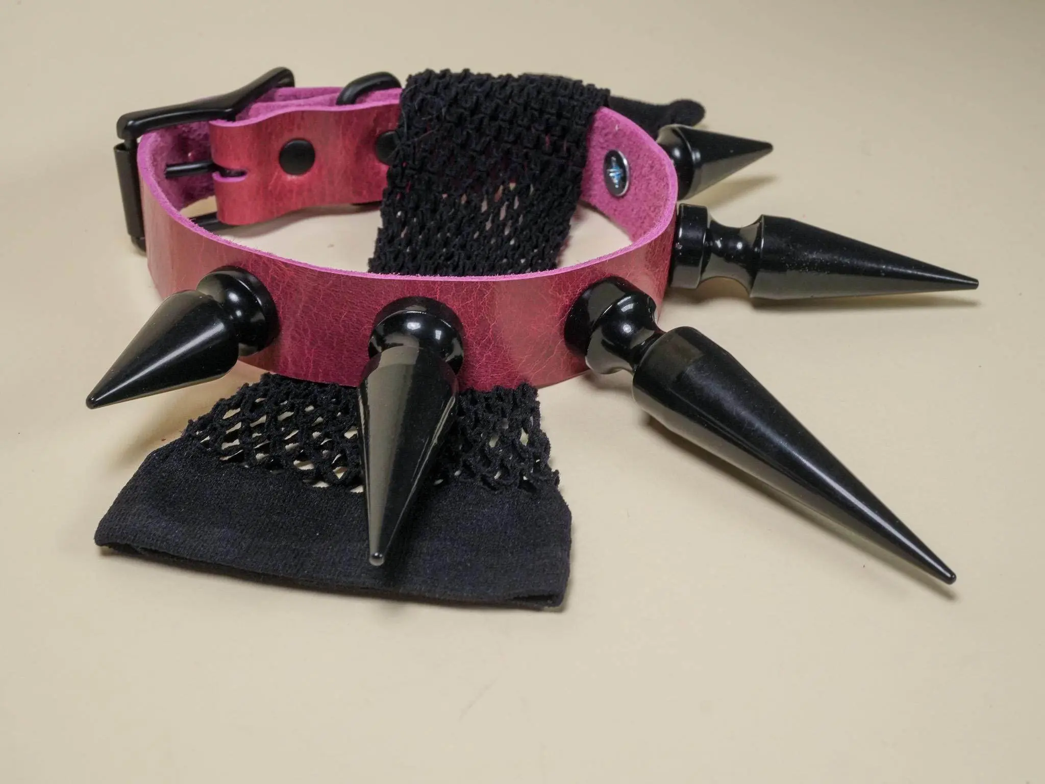 Rave Punk Choker with Giant Black Spikes in Pink Leather