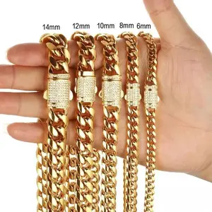 Hip Hop Stainless-Steel Miami 18K Cuban Link Chain Necklace Spring Buckle Closed Cuban Chain Jewelry