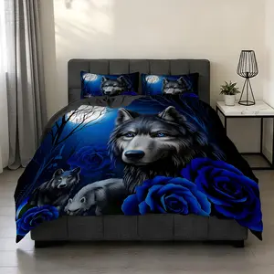 2/3Pcs Wolf And Rose Pattern Duvet Cover Set(1*Duvet Cover+1/2*Pillowcase,No Filling) Under The Moonlight, High-Definition Digital Printing, 100% Polyester Fiber, Perfect Gift For Family And Friends On Festivals, Suitable For All Year Round!