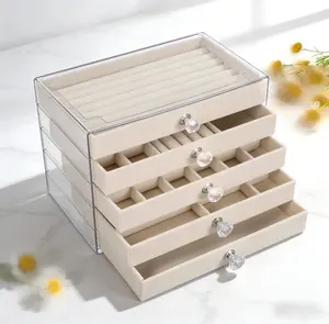Acrylic Jewelry Box Organizer with 5 Velvet-lined Drawers, Earring and Ring Storage Tray, Jewelry Storage Case for Women and Desktop Use