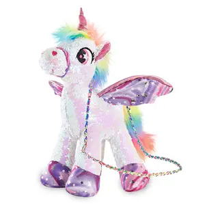 WEWILL 15" Sequins Unicorn Stuffed Animal Toy Reversible Rainbow Sequins Suitable for crossbody wear Built-in pocket Gift for Kids Girls Perfect for school,travel,and birthday gifts Exquisite design Perfect princess gift