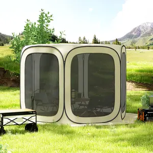 11 x 11ft Pop Up Screen Tent – Beige. UPF50+ Protection. 7mm Steel Wire Frame + Stakes + Guy Ropes. 210D Oxford Fabric. Netted Windows on All 4 Sides. Folds to Carry Bag. 19 lbs